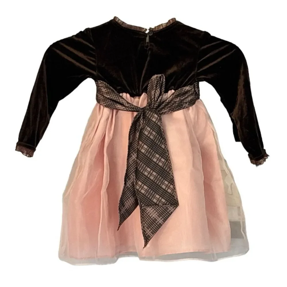 Blueberri Boulevard Toddler Girls Brown PInk Formal Velvet Tulle Dress Size 2T